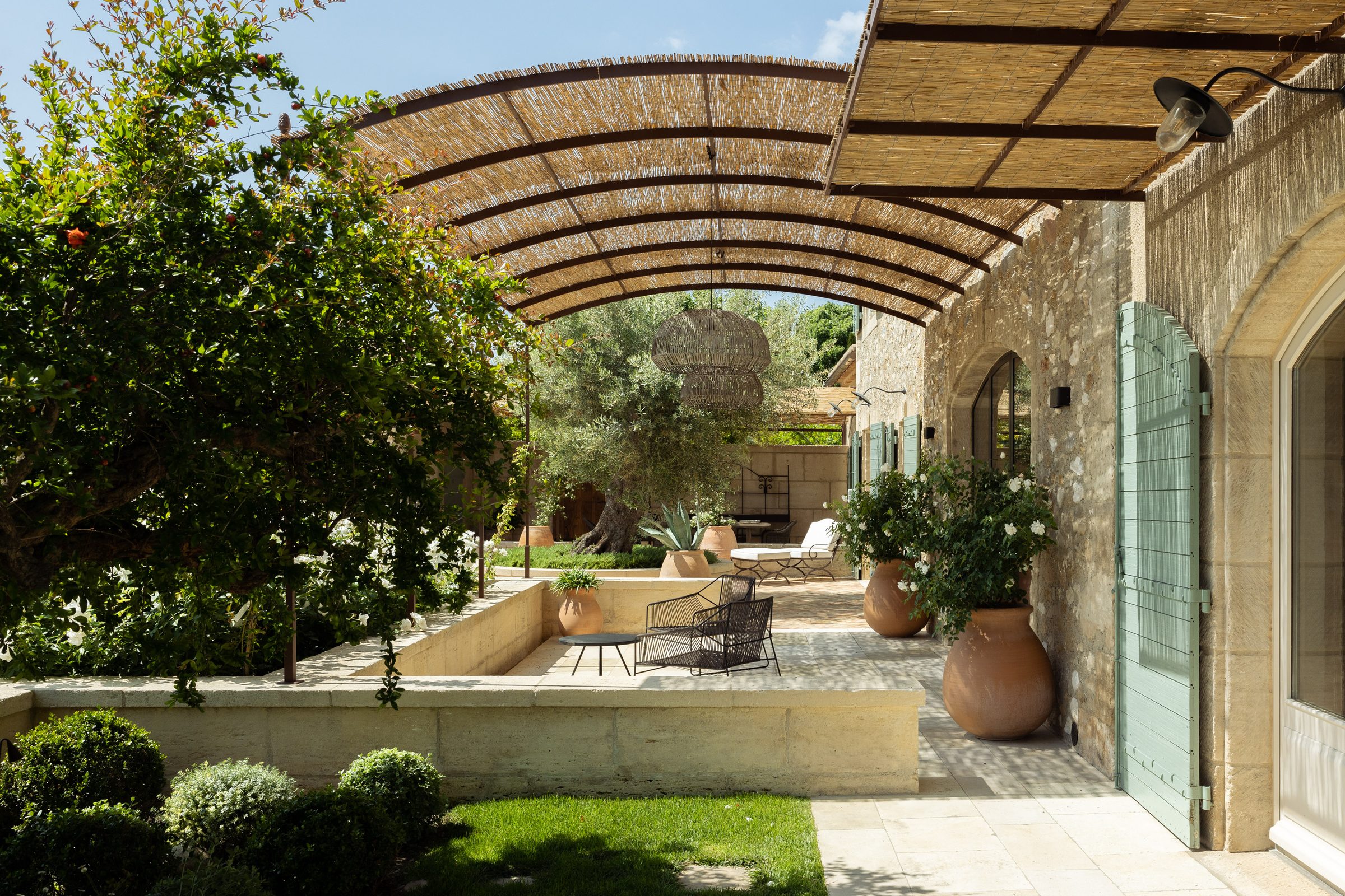 Pergola blanche avec plantes grimpantes